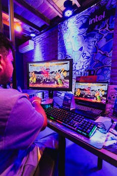 A gamer focused on a colorful battle game at a tournament setup with multiple screens.